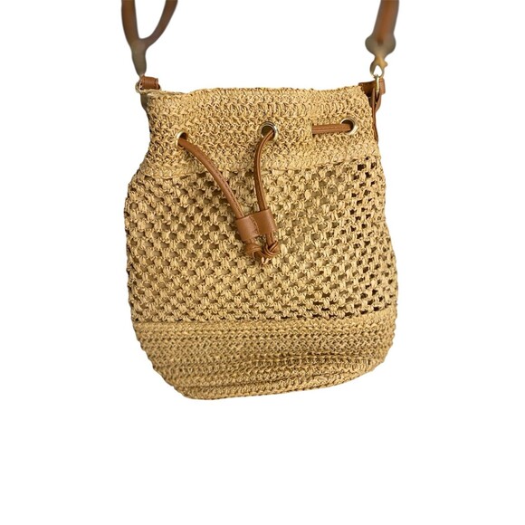 Boho Crochet Straw Bucket Bag Woven Raffia Drawstring Crossbody Shoulder Purse - Picture 4 of 10